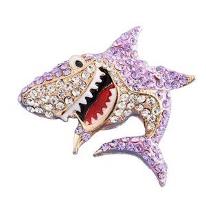 Fun Pink Shark Rhinestone Brooch Pin Gold Tone